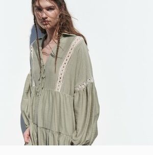 ZARA KHAKI SHORT JOHNNY COLLAR PANELLED COTTON BLEND LACE TRIMS SIZE S NWOT